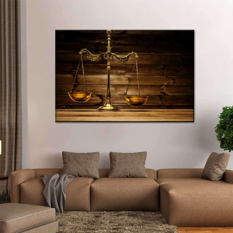 Laiton, balance de la justice sur toile, H 8 po x l 12 po x P 1 po