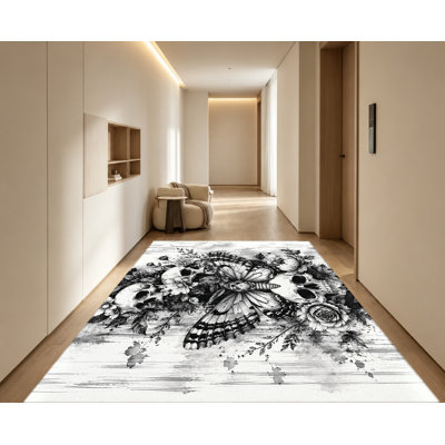 Tapis papillon gothique à tête de mort gothique, motif floral noir et blanc élégant, artistique exquis, lavable à la machine, envers antidérapant, tapis intérieur unique pour le salon, la chambre à coucher, le dortoir, un appartement