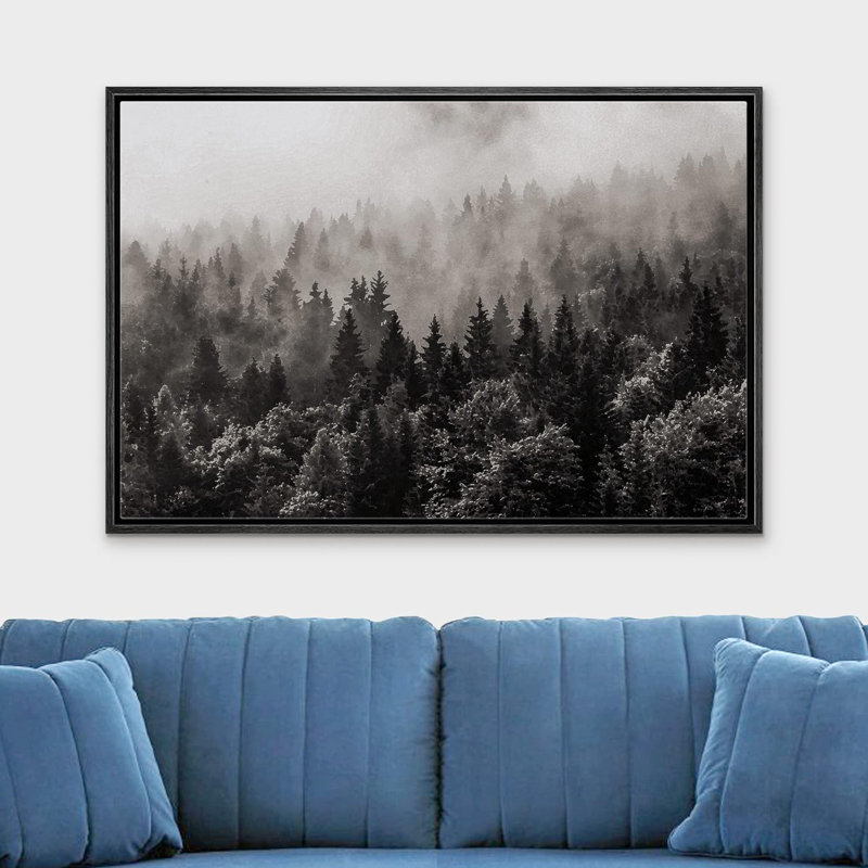 Paysage de forêt boisée, forêt brumeuse en noir et blanc, Cadre noir, H 24 po x l 36 po x P 1,5 po