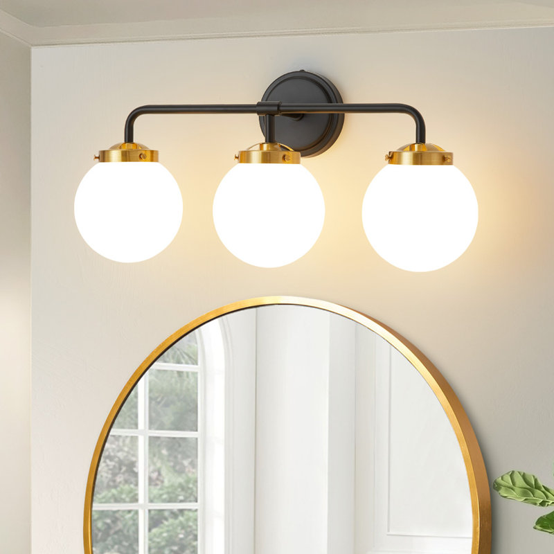Karlei Dimmable Vanity Light with Hand Blown Glass Globe Shade, White, Black/Gold, 3