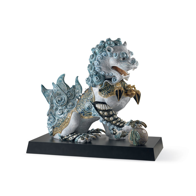 Guardian Lion Sculpture, White/Blue/Gold