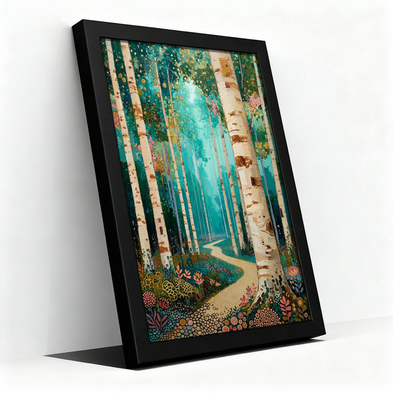 Tableau sur toile représentant des bouleaux le long d'un sentier sinueux dans une forêt turquoise, H 30 po x l 20 po