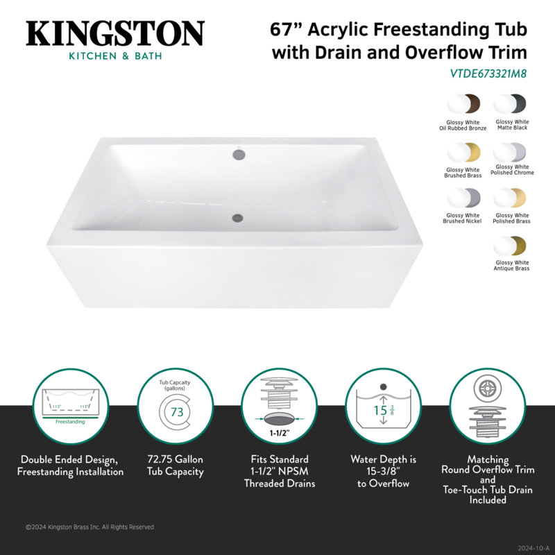 Kingston Brass Aqua Eden 67-Inch Acrylic Rectangular Double Ended Freestanding Tub with Overflow/Drain Assembly
