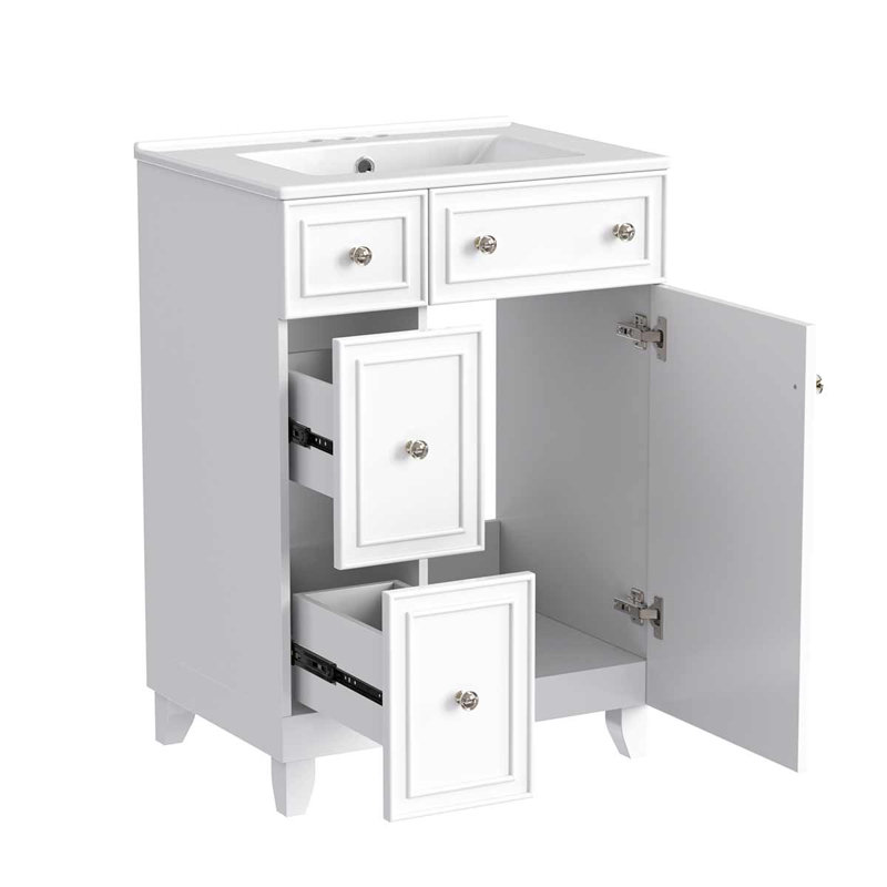 Armoire de meuble-lavabo 24 po avec lavabo en céramique à 2 tiroirs et 1 porte, Blanc