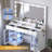 Vanity Desk with Lighted Mirror, RGB Glass Cabinet & Glass Top, White Makeup Dressing Table with 3 Drawers and 3 Color Modes for Bedroom-42731370