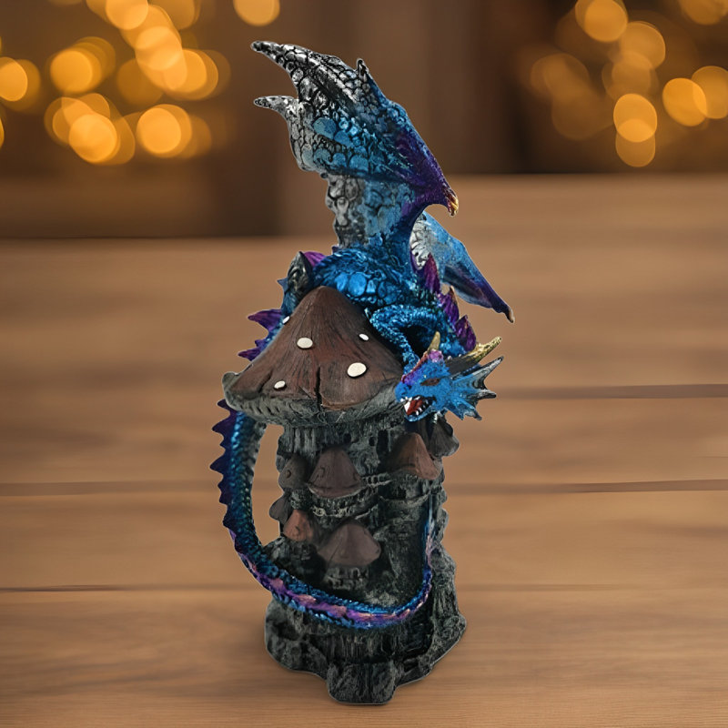 9.5"H Blue Dragon on Mushroom Tower