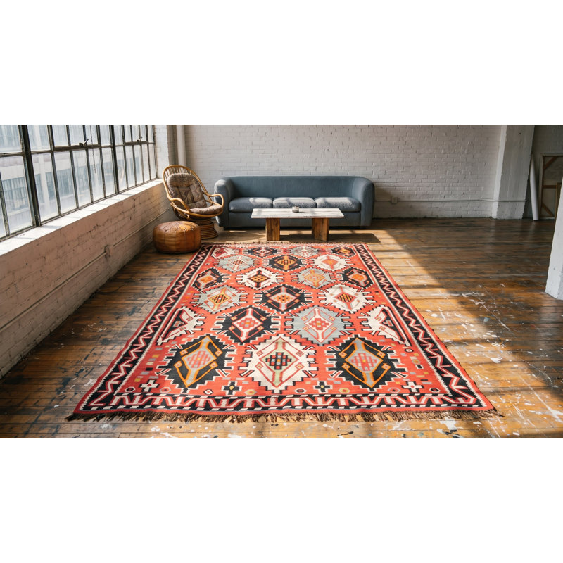 Flatweave Wool Geometric Area Rug in Pink