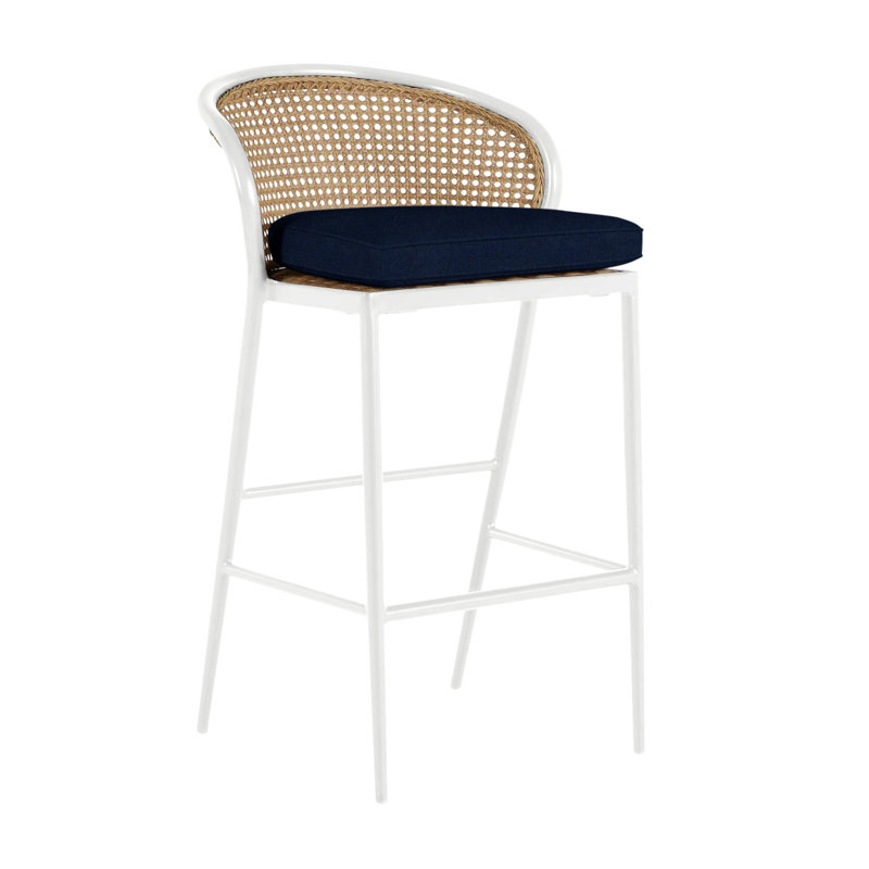 Havana 29.75" Patio Bar Stool with Cushion, Welt, Chalk/Natural Cane, Intermix Indigo