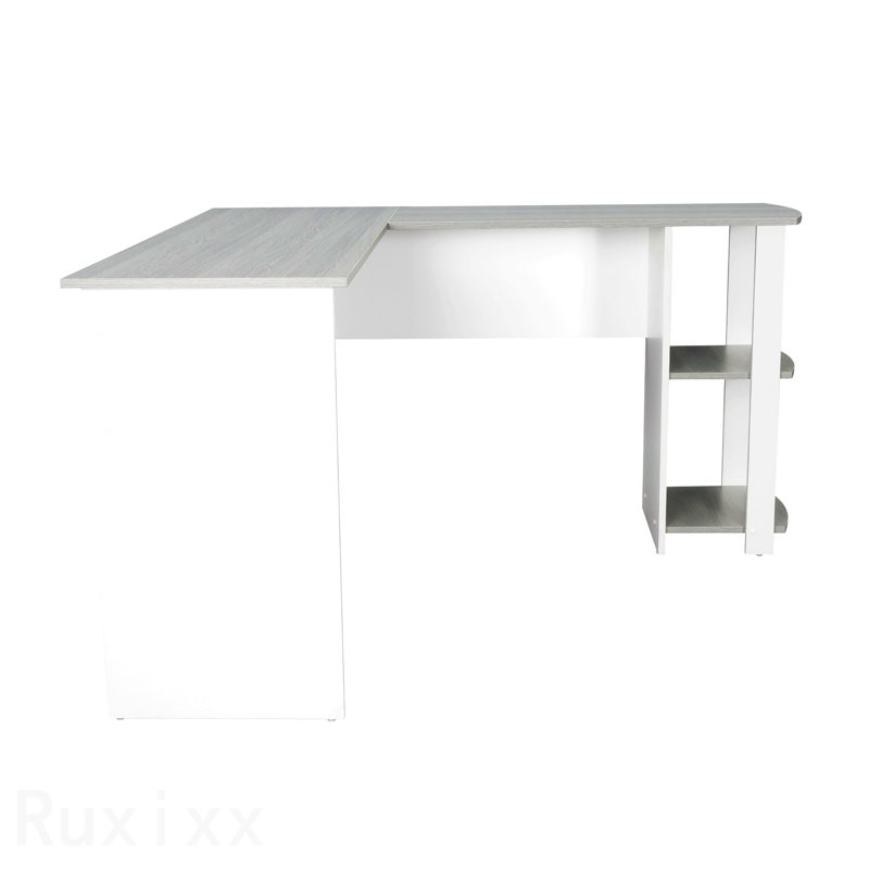 Bureau moderne en L avec tablettes latérales, gris