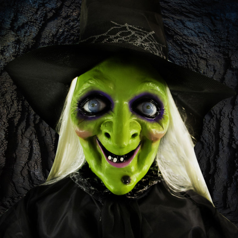 5,9 pi Sorcière animatronique avec balai, décoration d'Halloween d'intérieur ou d'extérieur couverte, parlante, posable, à piles