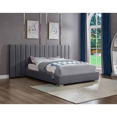 Lit plateforme en velours de luxe avec tête de lit capitonnée Channel, base de lit tapissier moderne, gris