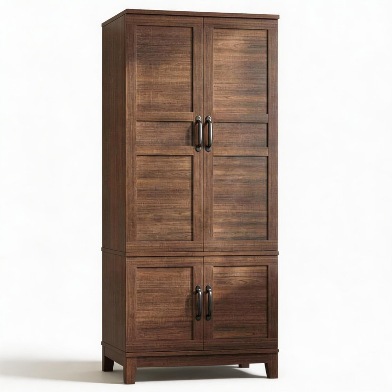 Armoire rustique en bois brun noyer rustique - 4 portes - 72 po de hauteur avec rangement autoportant - Tablettes réglables et tringle à vêtements - Chambre et salon - Brun (boîte AB)