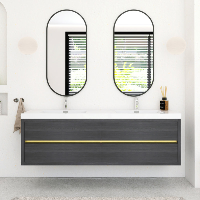 Ensemble de meuble-lavabo mural 72 po avec double lavabo double intégré en résine, Espresso, 72"