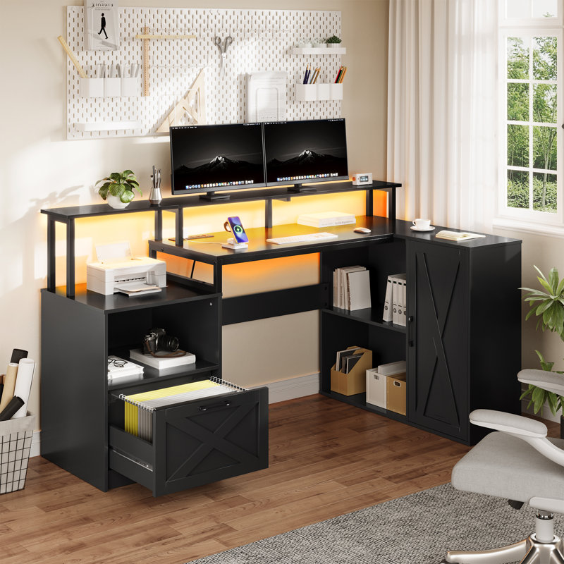 Bureau en L avec tiroir, bureau d'ordinateur avec prises de courant et lumières à DEL