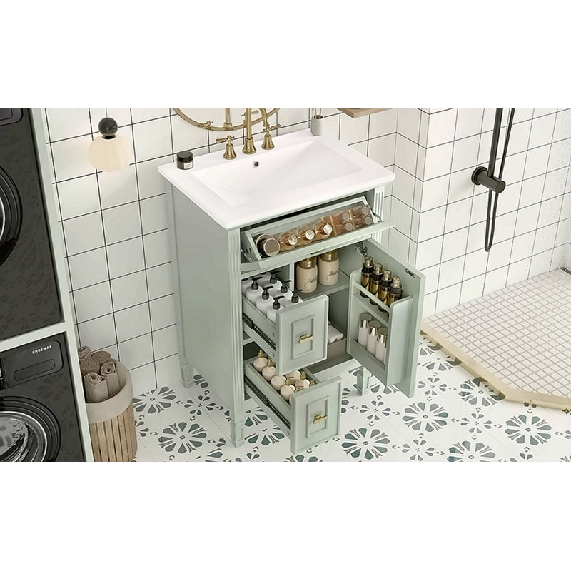 Meuble-lavabo de 24 pouces avec lavabo, armoire en bois massif et panneau de fibres à densité moyenne avec un tiroir rabattable, deux tiroirs standard et une tablette réglable, meuble-lavabo vert autoportant pour le rangement de la salle de bain