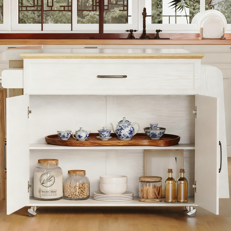 Chariot d'îlot de cuisine mobile avec prise de courant, rallonge à abattant, rangement réglable et roues verrouillables - Armoire roulante polyvalente pour l'organisation de la cuisine