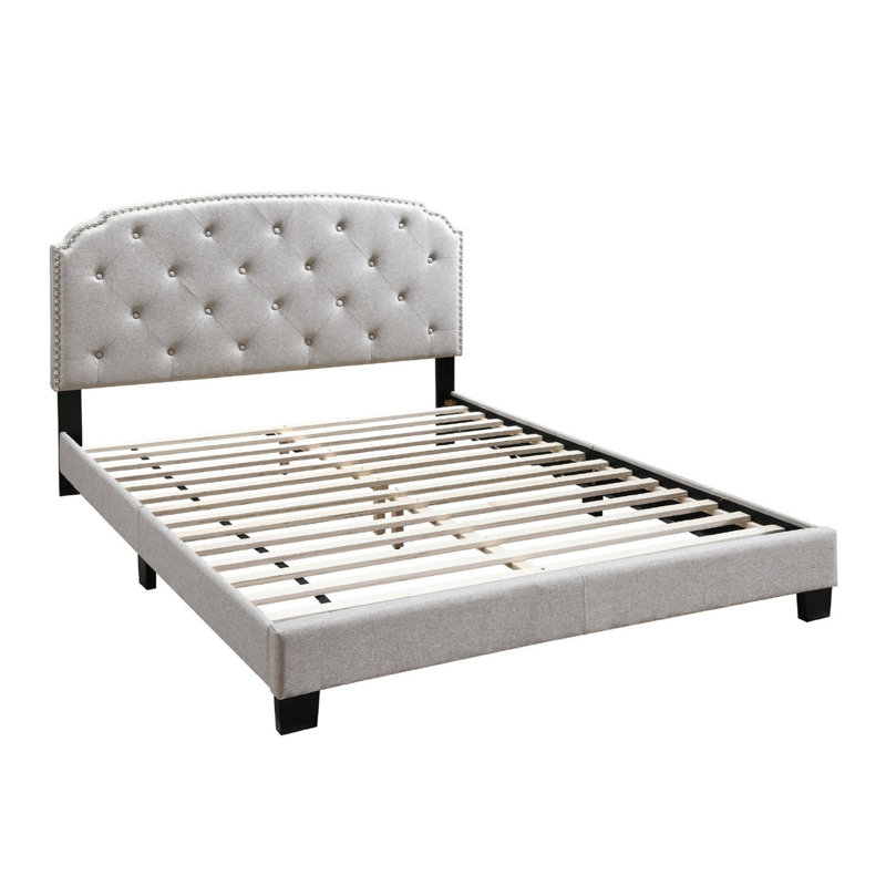 Lit plateforme tapissier Tuffeté Alvena, Gris pale, Simple