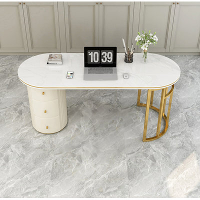 Modern Luxury Oval Sintered Stone Desk with Cream Drawer Cabinet & Gold Legs