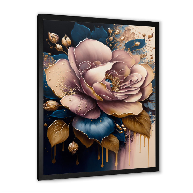 «Decadent Pink and Blue Roses I» - art mural rose, Impression noire sur toile encadrée, H 20 po x l 12 po x P 1 po