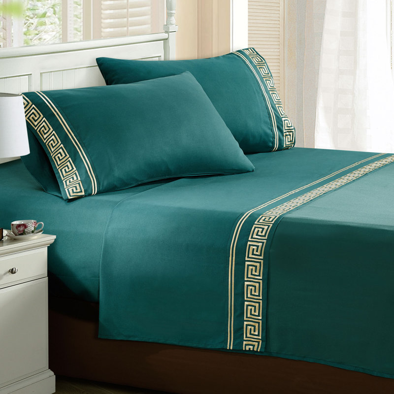 Greek Key Microfiber Geometric Sheet Set, Dark Teal, King