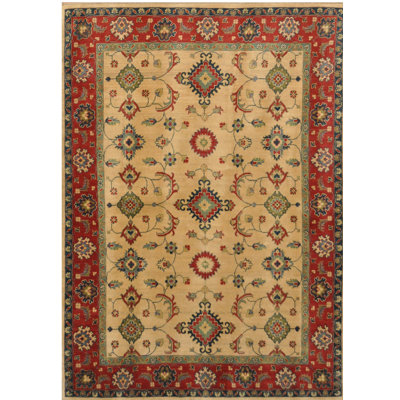 Tapis unique en laine noué à la main ivoire / brun Kazak de 5 pi 3 po x 7 pi 2 po Jevon