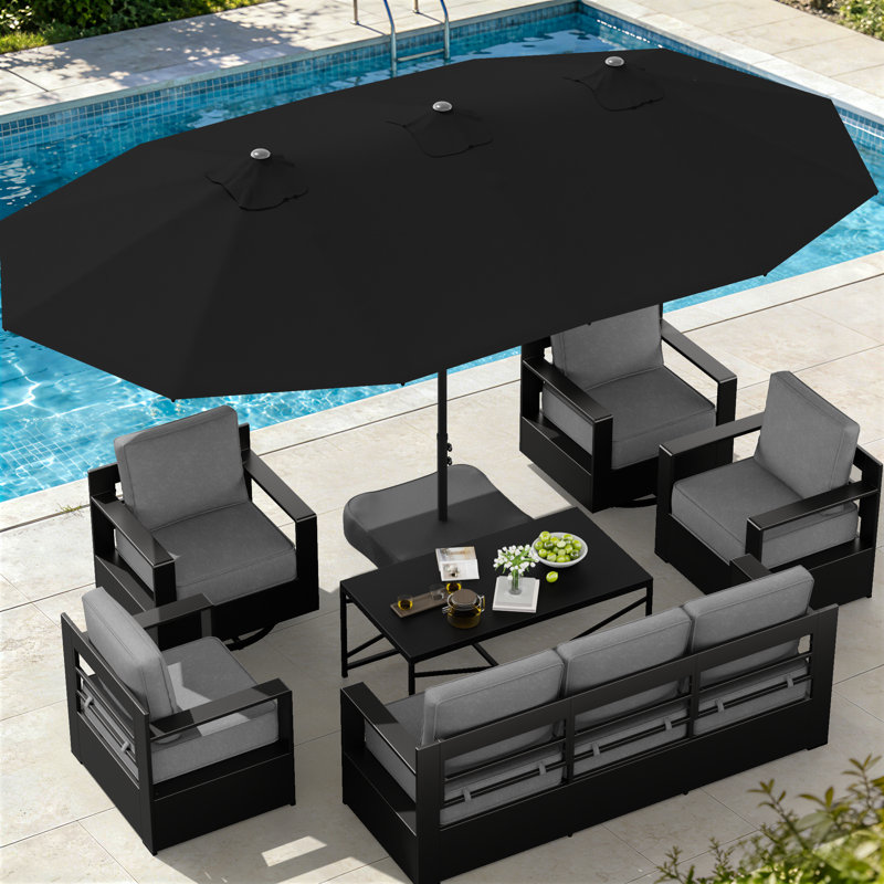 7-Person Aluminum Outdoor Patio Sofa, 4 Chairs & Coffee Table Set with Black Umbrella & Gray Cushions, Gray, Black
