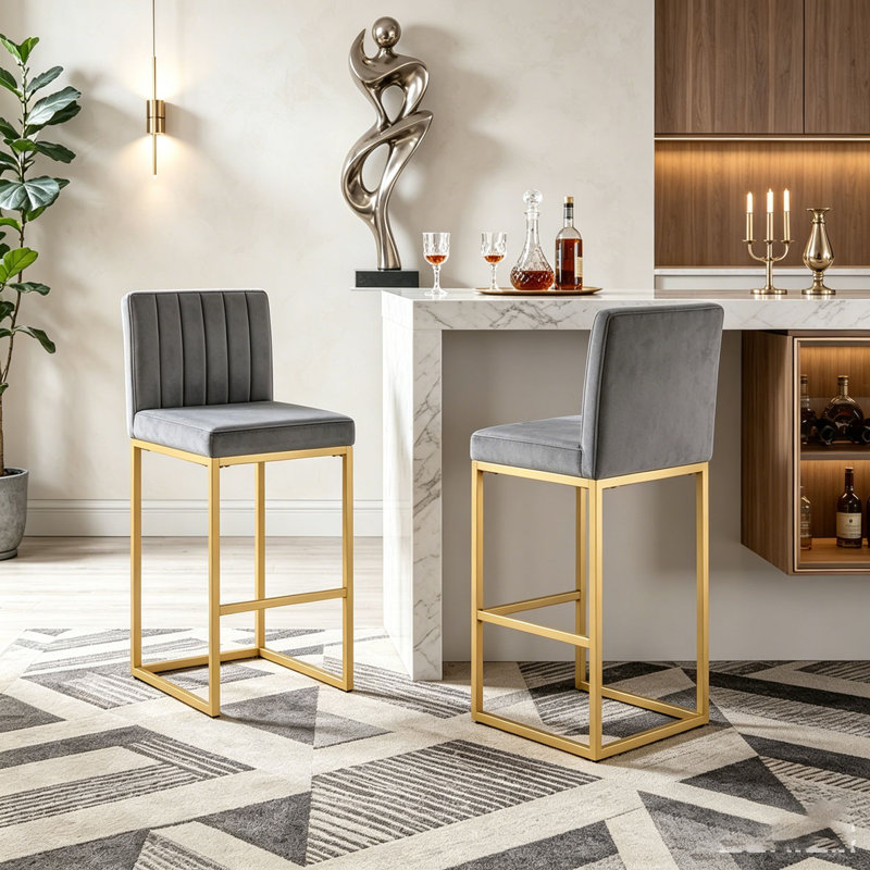 Tabouret à hauteur de comptoir moderne avec dossier plein et pieds robustes en fer, Gray