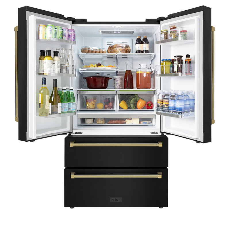 ZLINE Autograph 36 in. Counter-Depth Refrigerator in Black Stainless Steel and Gold Helix Handles, Gold