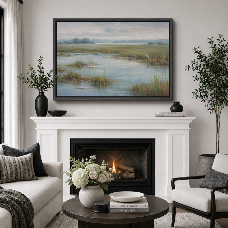 Serene Marshland White Aiget Coastal Landscape, 16" H x 24" W x 1.5" D, Cadre noir
