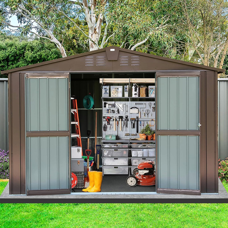 10'x8' Metal Garden Shed - Waterproof, -proof Lockable Double Door Brown For Backyard Storage Outdoor Material, Waterproof With Lock Lawn