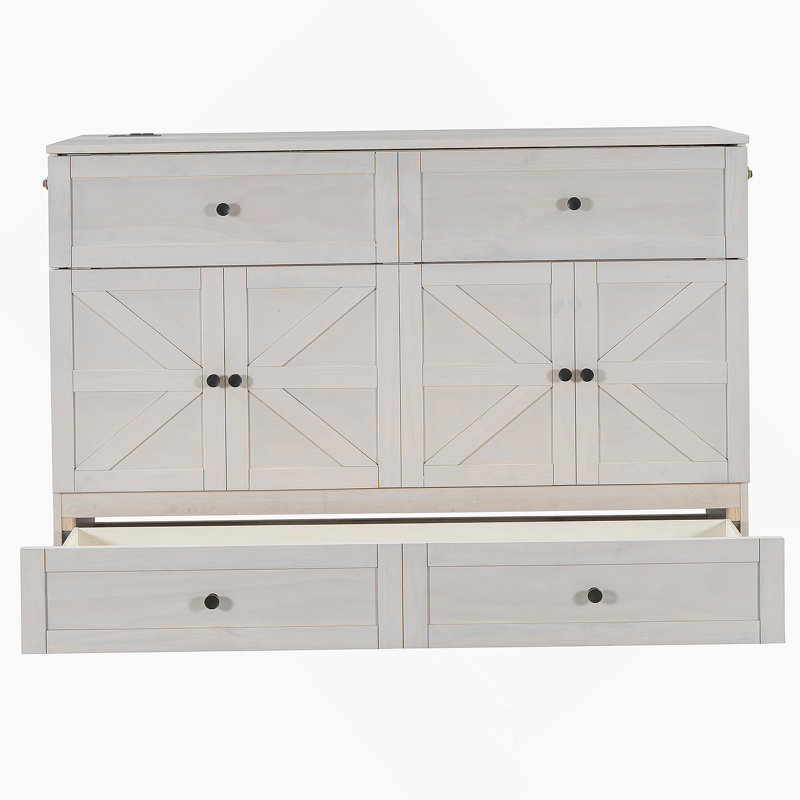 Murphy Bed With Charging Station And Drawer, White, Queen
