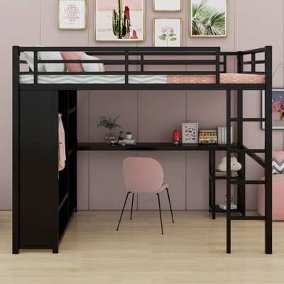 Structure de lit mezzanine avec garde-robe, bureau et tablettes de rangement