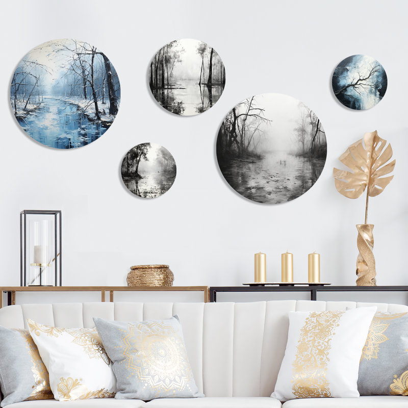 «Enchanted Winter Woods River», ensemble d'art mural rond sur 5