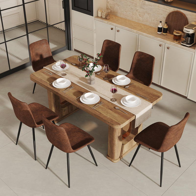 Stylish Dining Table Set With Techno-fabric Chairs - Brown Wood Finish, Curved Cushions, Modern Design