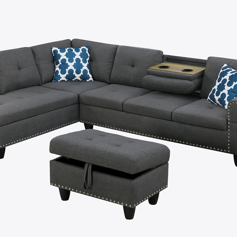 Alger 98" Wide Left Hand Facing Sofa & Chaise With Ottoman, Dark Gray Linen