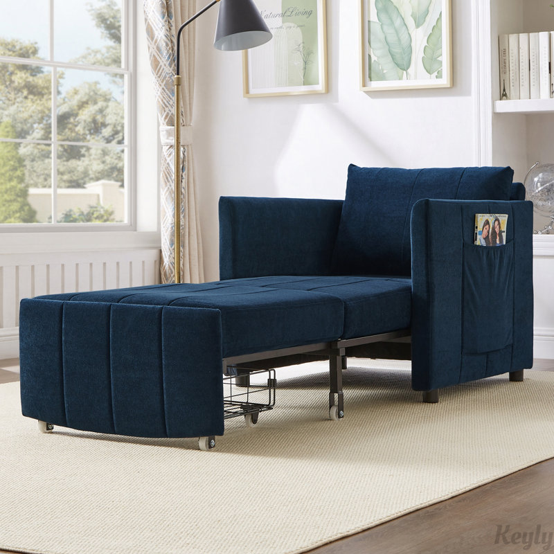 Upholstered Convertible Fold Out Chair Bed with 5-Position Adjustable Backrest, Side Pockets and a Storage Basket, Blue