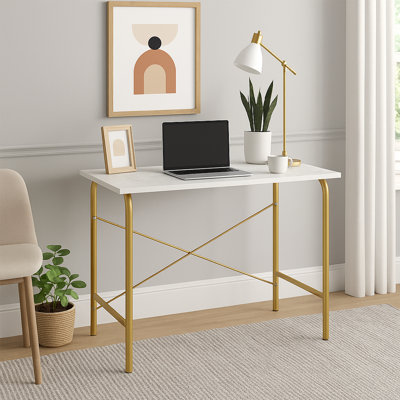 Chazael 40" Modern Desk with Marble Top Effect and Brass-Finished Metal Base, Compact Home Office or Vanity Table