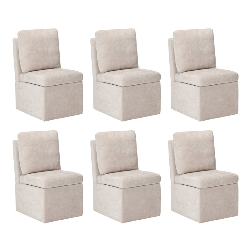 Chaise de salle à manger en chenille avec rangement et roulettes (ensemble de 6), Beige, 6