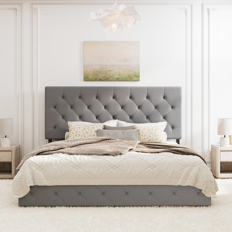 Lit plateforme avec rangement à 4 tiroirs et tête de lit réglable en lin à motif de losanges, Très grand, Gris Clair 100% Lin