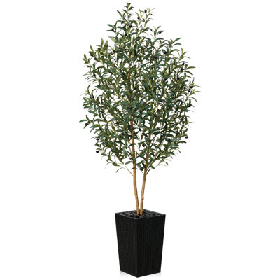 Adcock Faux Olive Tree with UV Protection, 2 Natural Tree Trunks, Large Decorative Potted Olive Tree