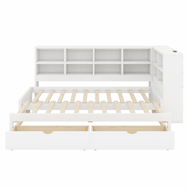 Lit de jour confort avec ports USB intégrés, lumière DEL, tiroirs de rangement et tablettes ouvertes, Blanc