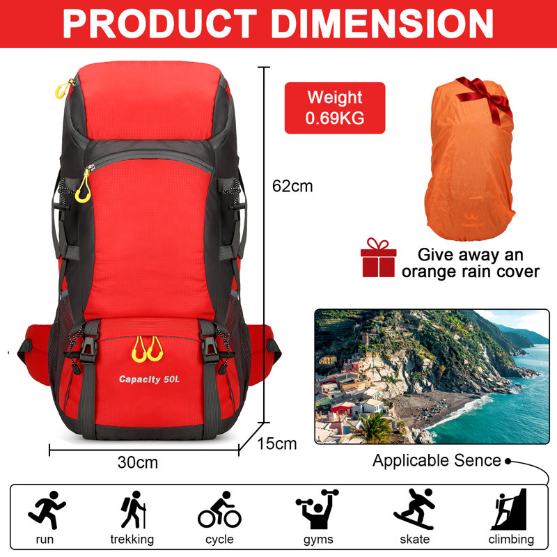 50L Capacity Outdoor Mountaineering Bag, Red