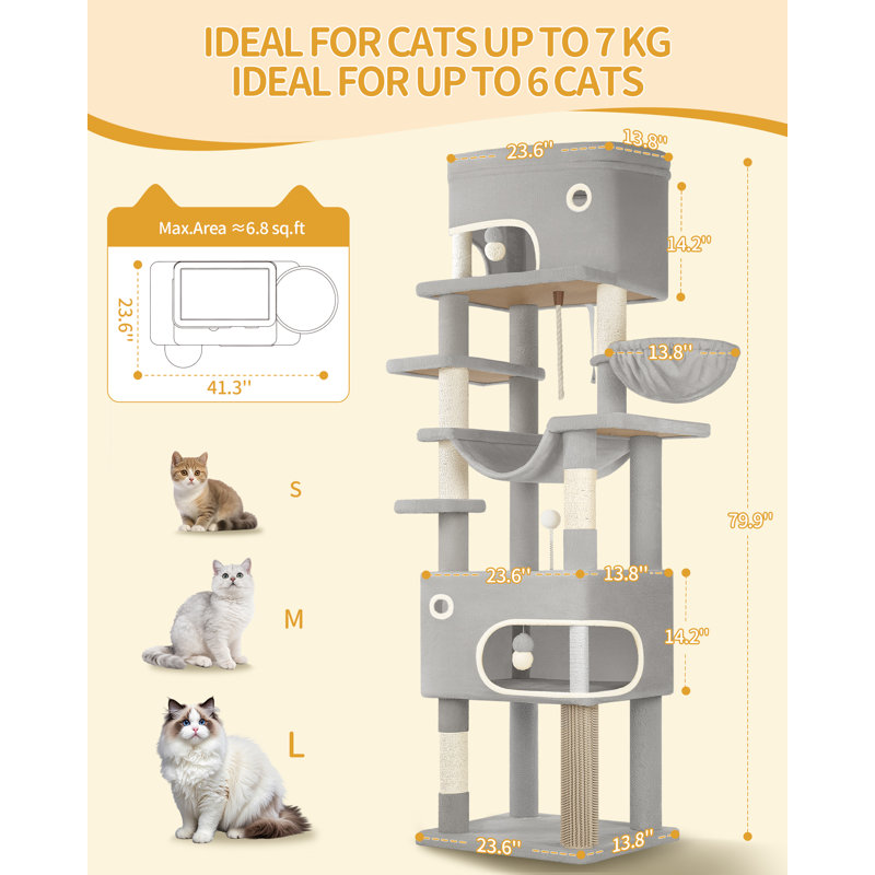 Arbre à chat 79,9 pouces pour chats d'intérieur, poteau à griffes multicouches avec grande plateforme, 2 grottes, 7 poteaux en sisal, pompons, panier à chat, hamac, convient aux chats, gris clair