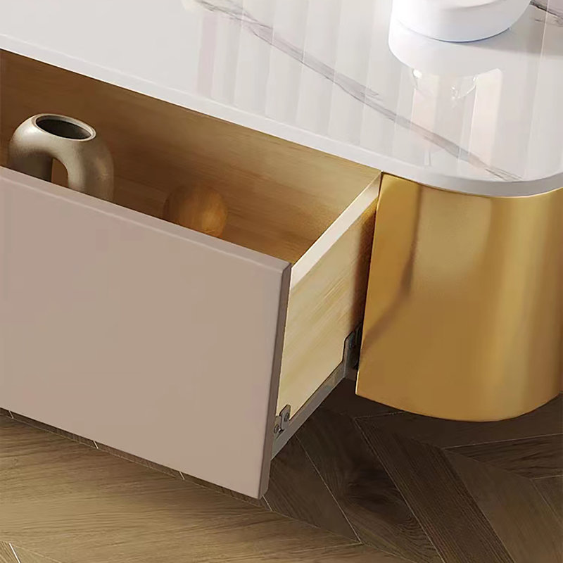 Meuble télé beige 79 po avec fond doré entièrement assemblé pour le salon