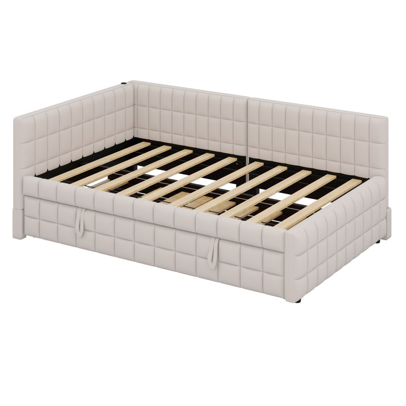 Lit de jour rembourré en L avec couchette escamotable et ports USB, Beige