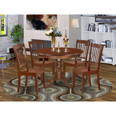 5 Piece Dining Room Table Set Includes a Round Dining Table with Pedestal and 4 Wood Seat Chairs, Mahogany
