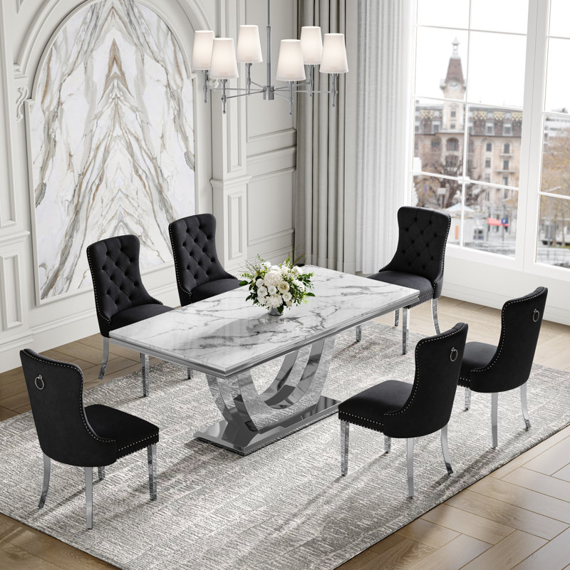 7-Piece Dining Table Set, Marble Veneer MDF Table with 6 Velvet Dining Chairs – Modern Dining Furniture for 6, Black/Silver