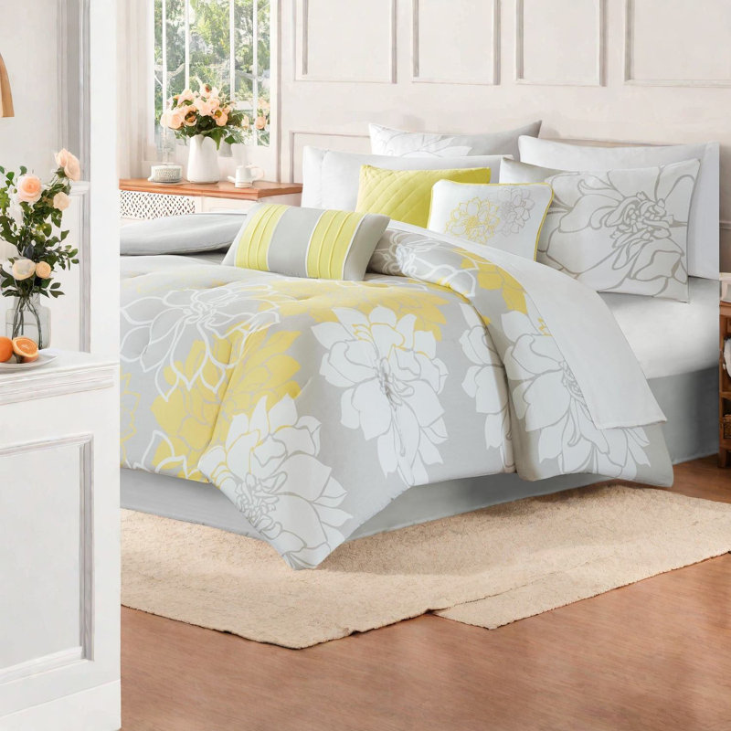 Ensemble de literie en satin de coton floral de qualité supérieure, édredon hypoallergénique gris / jaune taupe pour très grand lit