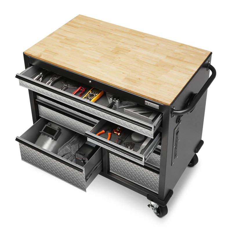 Premier 41 Inch 9-Drawer Mobile Tool Workbench With Solid Wood Top