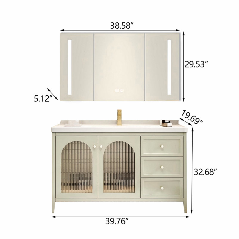Meuble-lavabo de salle de bain autoportant en bois d'hévéa massif couleur bois 39,76 po avec miroir, 40"